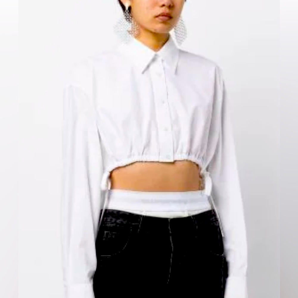 Alexander Wang White Drawstring Cropped Button-Down Shirt